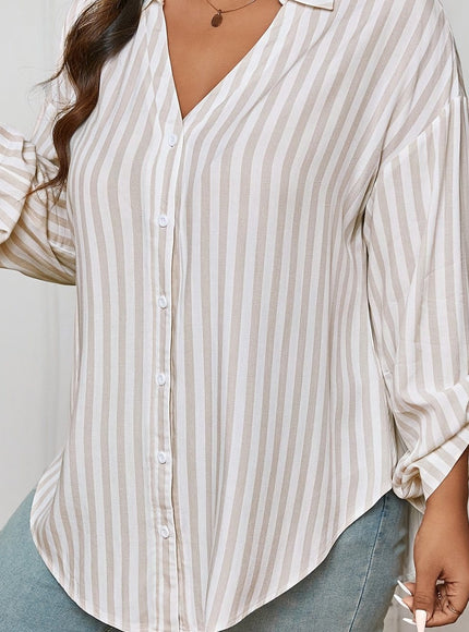jkthpu-45 White / UK 18 Plus Size White Striped Drop Shoulder Shirt – Asymmetric Hem Long Sleeve