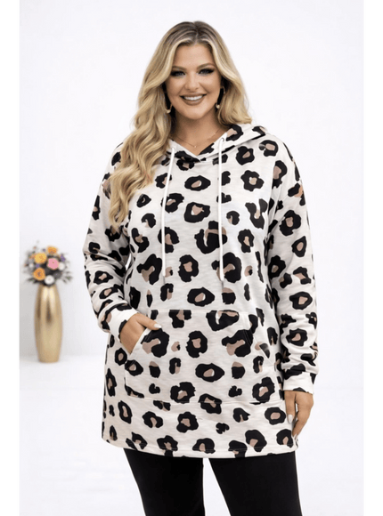 KissICON Hoodie White / UK 18 / US 14 Plus Size Leopard Print Hooded Long-Sleeve Sweatshirt