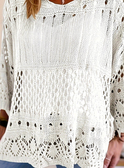jkthpu-45 White / UK 26 Plus Size, Oversized Knitwear Loose-Fitting 3/4 Sleeve Sun-Protective