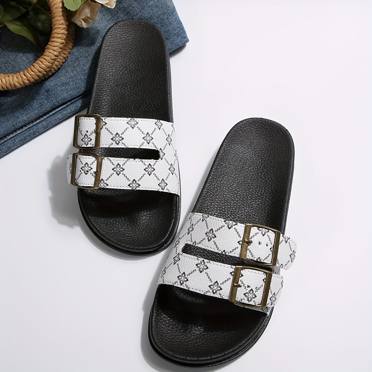 jkthpu-45 White / UK 3.5 Chic Floral Double Buckle Summer Slide Sandals
