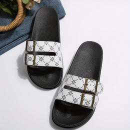 jkthpu-45 White / UK 3.5 Chic Floral Double Buckle Summer Slide Sandals