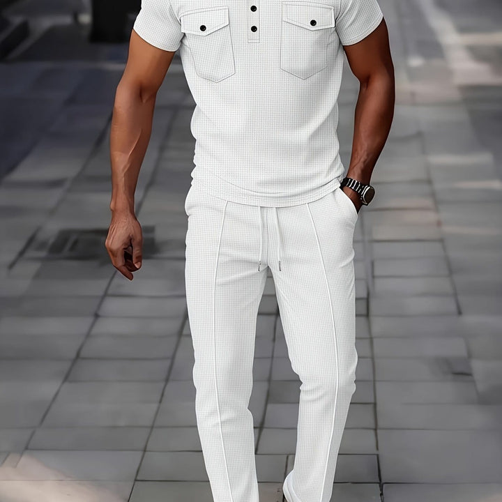 Mens Waffle Knit Polo  Pants Summer Casual Set