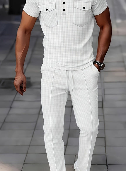 KissICON White / UK 40 Mens Waffle Knit Polo  Pants Summer Casual Set