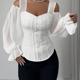 jkthpu-45 White / UK 8 Elegant Off-Shoulder Floral Jacquard Blouse with Lantern Sleeves - Square Neck, Machine Washable, Non-Sheer - Perfect for Spring & Fall, Women's Fashion Top, Floral Print Blouse