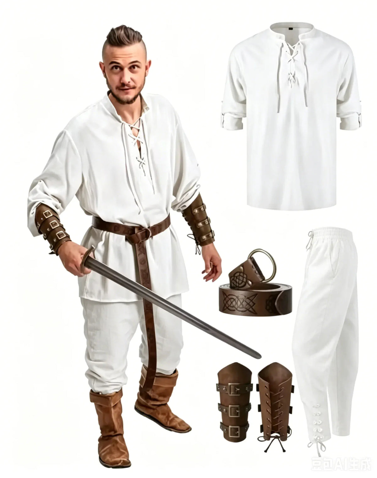 KissICON white white / M 4 Pcs Halloween Men's Renaissance Costume Set Medieval Pirate Shirt Ankle Banded Pants Viking Belt Accessories