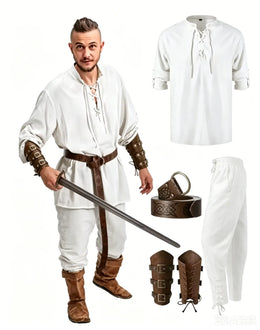KissICON white white / M 4 Pcs Halloween Men's Renaissance Costume Set Medieval Pirate Shirt Ankle Banded Pants Viking Belt Accessories