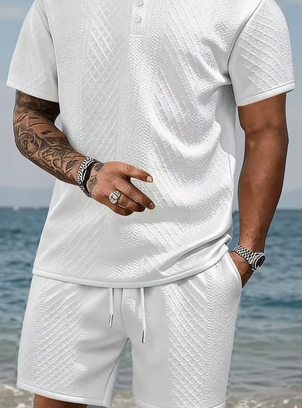 KissICON White+White / UK 48 Plus Size Men'S Clothing, Plus Size Men'S Fashion Casual Suit, Textured Athletic Two-Piece Set, Short Sleeve Lapel Polo Shirt And Pants with Drawstring Design, Loose And Breathable Casual Fashion, Suitable for Casual Outings, Travel, Beach Vacation