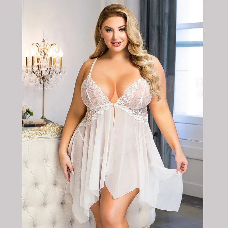 KissICON White / XL(INTL.M-L) Plus Size Women's Nightie Lingerie Sexy Babydoll Lace Chemise Strap V Neck Mesh Sleepwear Wedding Robe Ensembles Set