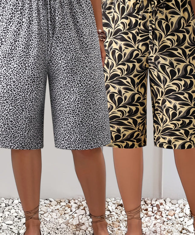jkthpu-45 White+Yellow / UK 18 Plus Size Printed Beach Vacation TwoPiece Shorts Set