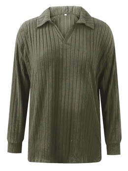 jkthpu-45 Wholesale Plus Size Ribbed Lapel Long Sleeve Solid Top