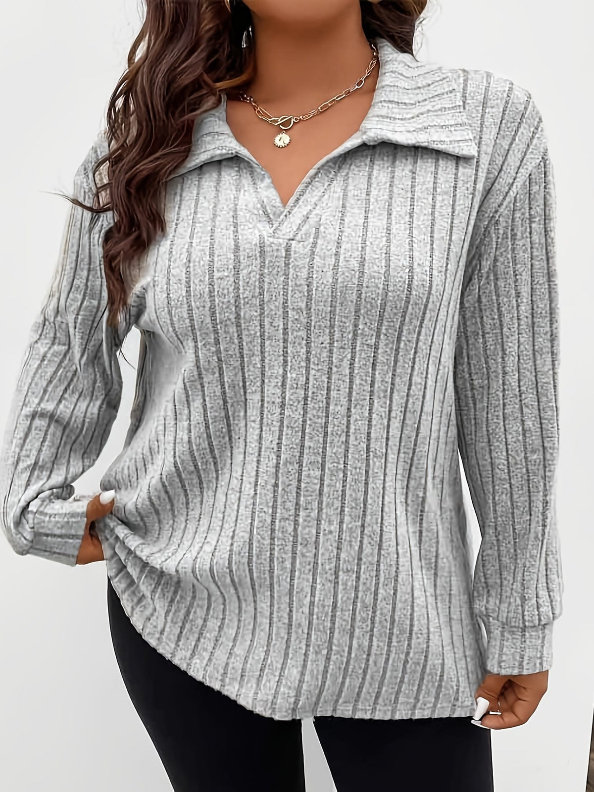 jkthpu-45 Wholesale Plus Size Ribbed Lapel Long Sleeve Solid Top