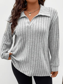 jkthpu-45 Wholesale Plus Size Ribbed Lapel Long Sleeve Solid Top