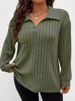 jkthpu-45 Wholesale Plus Size Ribbed Lapel Long Sleeve Solid Top