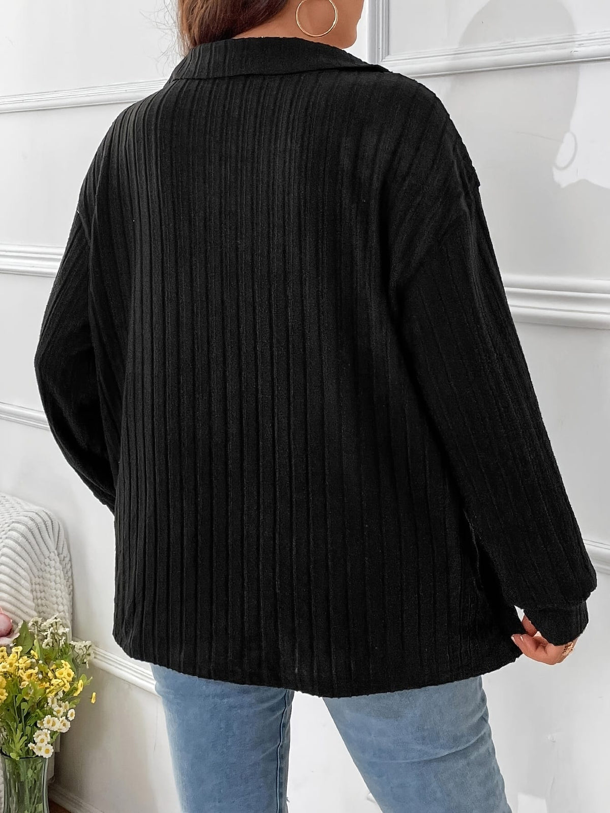 jkthpu-45 Wholesale Plus Size Ribbed Lapel Long Sleeve Solid Top