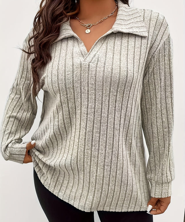 jkthpu-45 Wholesale Plus Size Ribbed Lapel Long Sleeve Solid Top