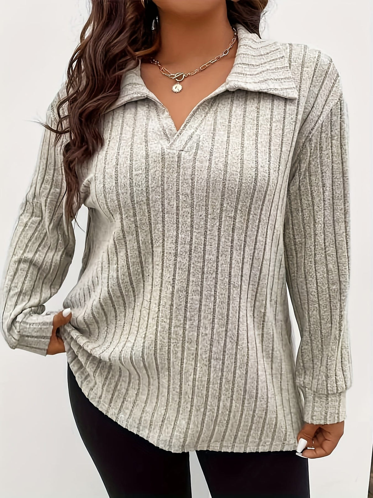 jkthpu-45 Wholesale Plus Size Ribbed Lapel Long Sleeve Solid Top