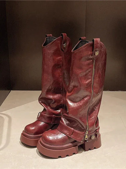 KissICON wine red / 35 Women's Boots 2025 New Style Retro High Western