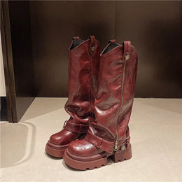 KissICON wine red / 35 Women's Boots 2025 New Style Retro High Western