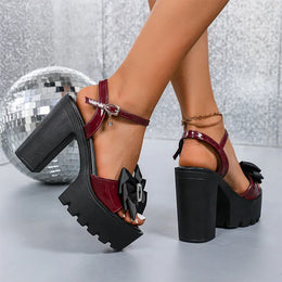 KissICON Wine Red Super High Heels Sandals Women Bowtie