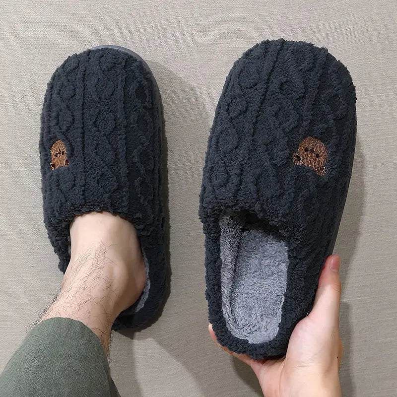 KissICON Winter Fluffy Shoes Women Cotton Slippers Cartoon Bear