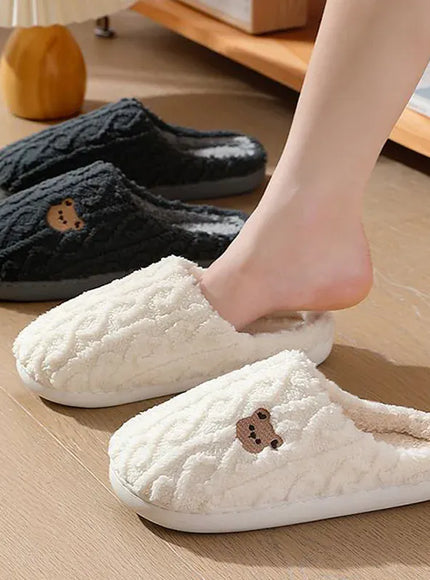 KissICON Winter Fluffy Shoes Women Cotton Slippers Cartoon Bear