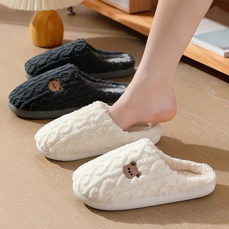 KissICON Winter Fluffy Shoes Women Cotton Slippers Cartoon Bear
