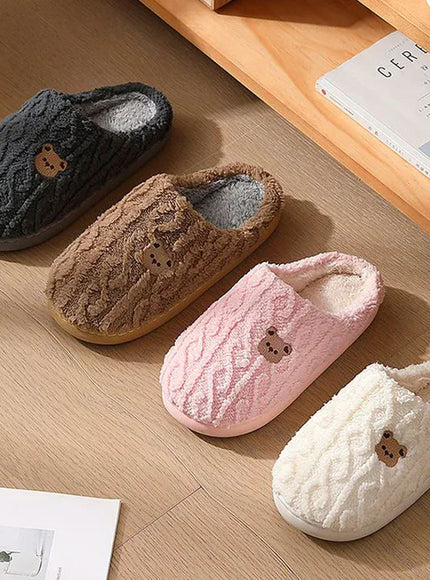 KissICON Winter Fluffy Shoes Women Cotton Slippers Cartoon Bear