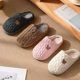 KissICON Winter Fluffy Shoes Women Cotton Slippers Cartoon Bear