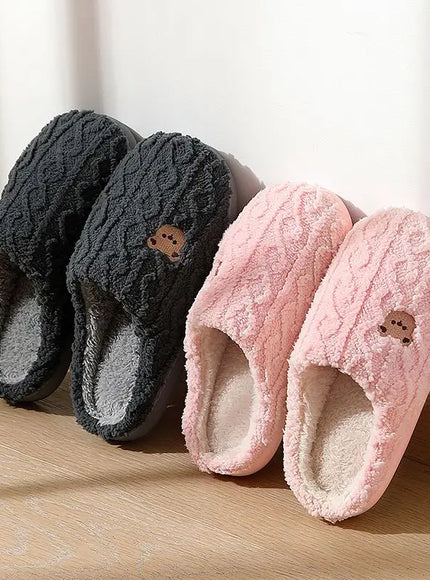 KissICON Winter Fluffy Shoes Women Cotton Slippers Cartoon Bear