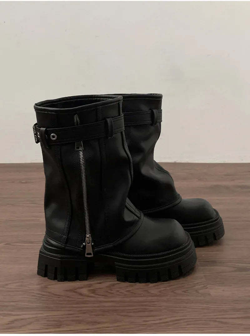 KissICON Winter Women Biker Boots Fashion Belt Buckle Ladies