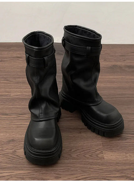 KissICON Winter Women Biker Boots Fashion Belt Buckle Ladies