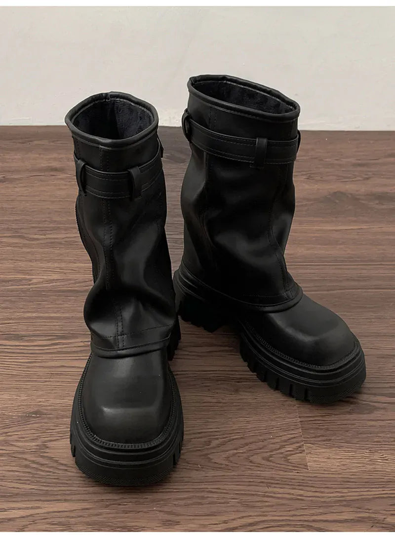 KissICON Winter Women Biker Boots Fashion Belt Buckle Ladies