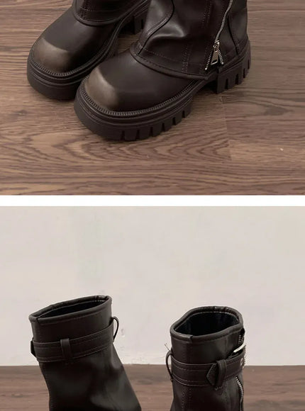 KissICON Winter Women Biker Boots Fashion Belt Buckle Ladies