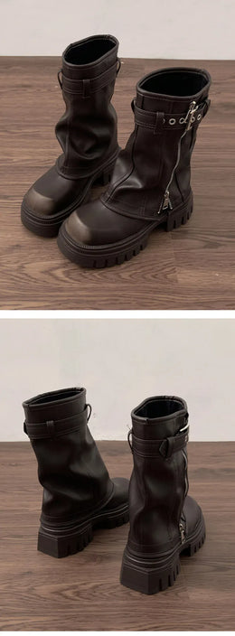 KissICON Winter Women Biker Boots Fashion Belt Buckle Ladies