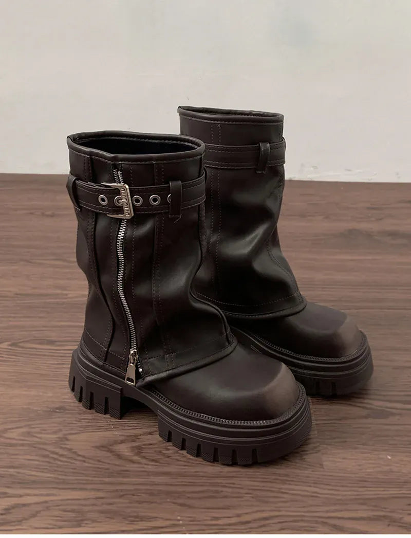 KissICON Winter Women Biker Boots Fashion Belt Buckle Ladies