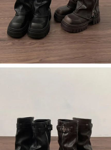KissICON Winter Women Biker Boots Fashion Belt Buckle Ladies