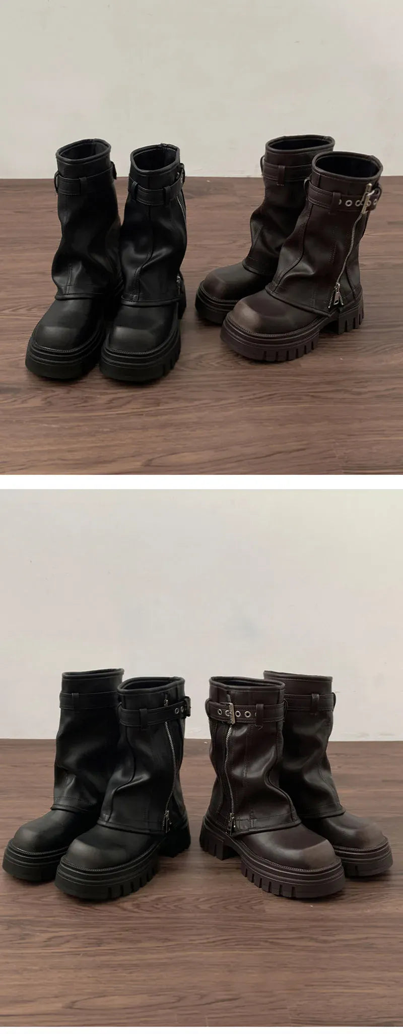 KissICON Winter Women Biker Boots Fashion Belt Buckle Ladies