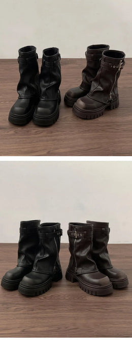 KissICON Winter Women Biker Boots Fashion Belt Buckle Ladies