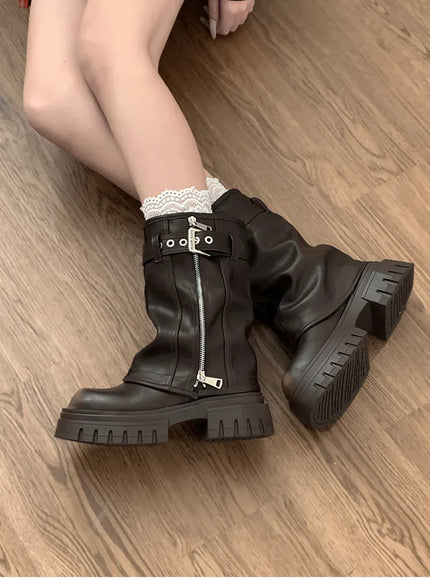 KissICON Winter Women Biker Boots Fashion Belt Buckle Ladies