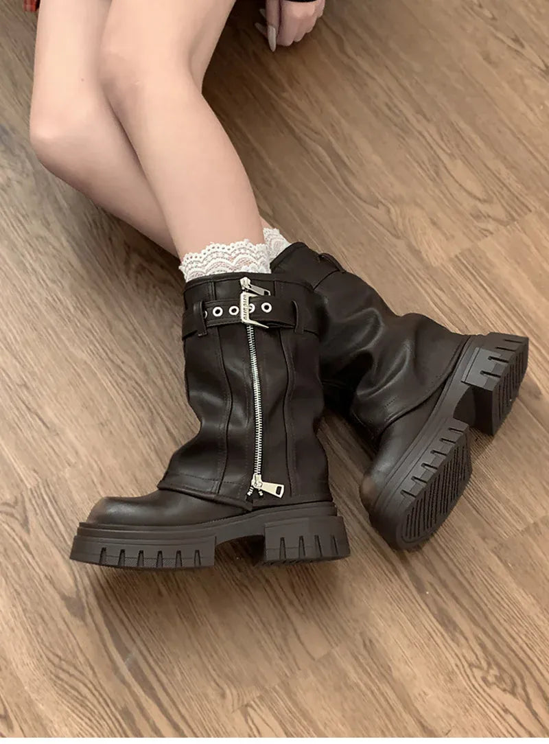 KissICON Winter Women Biker Boots Fashion Belt Buckle Ladies