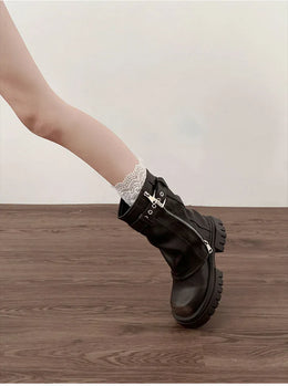 KissICON Winter Women Biker Boots Fashion Belt Buckle Ladies