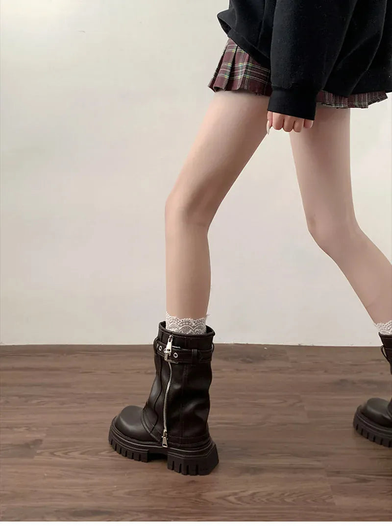 KissICON Winter Women Biker Boots Fashion Belt Buckle Ladies