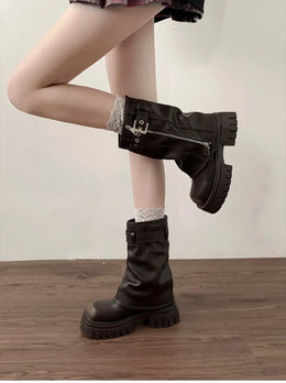 KissICON Winter Women Biker Boots Fashion Belt Buckle Ladies