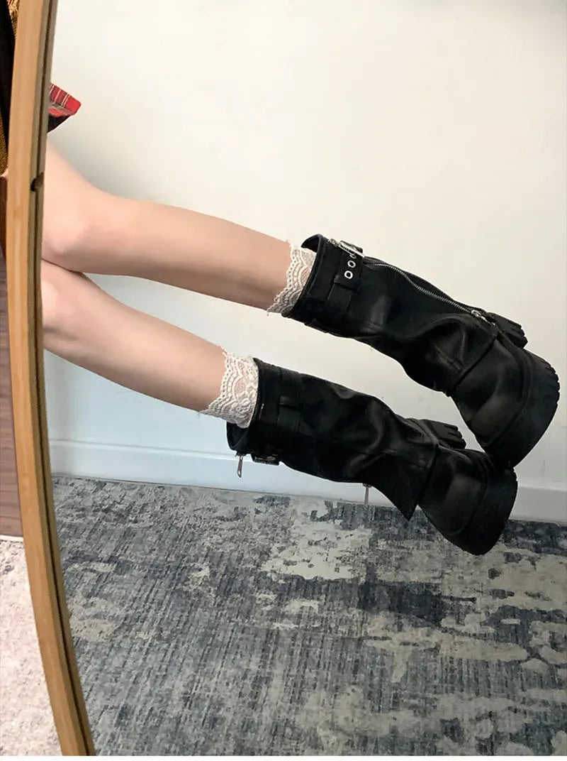 KissICON Winter Women Biker Boots Fashion Belt Buckle Ladies