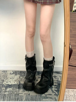 KissICON Winter Women Biker Boots Fashion Belt Buckle Ladies