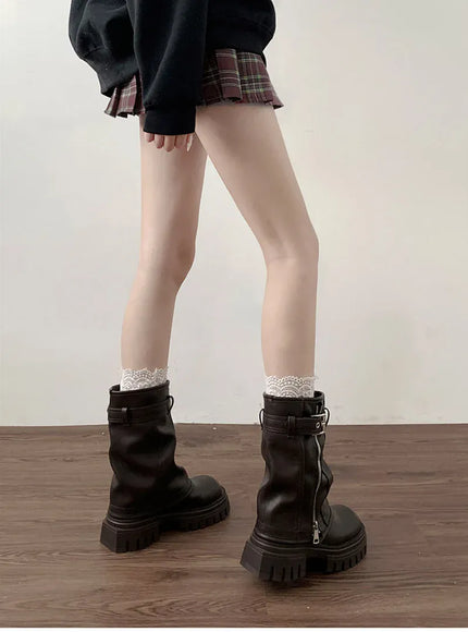 KissICON Winter Women Biker Boots Fashion Belt Buckle Ladies