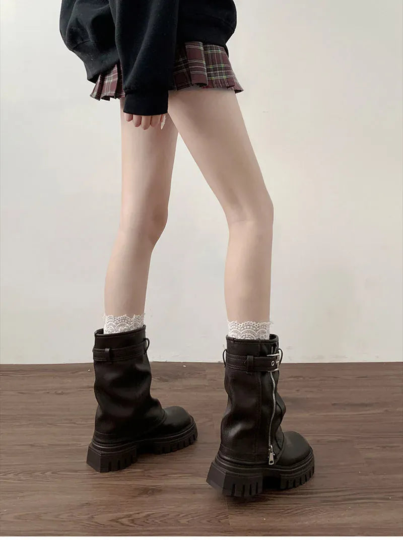 KissICON Winter Women Biker Boots Fashion Belt Buckle Ladies