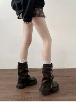 KissICON Winter Women Biker Boots Fashion Belt Buckle Ladies