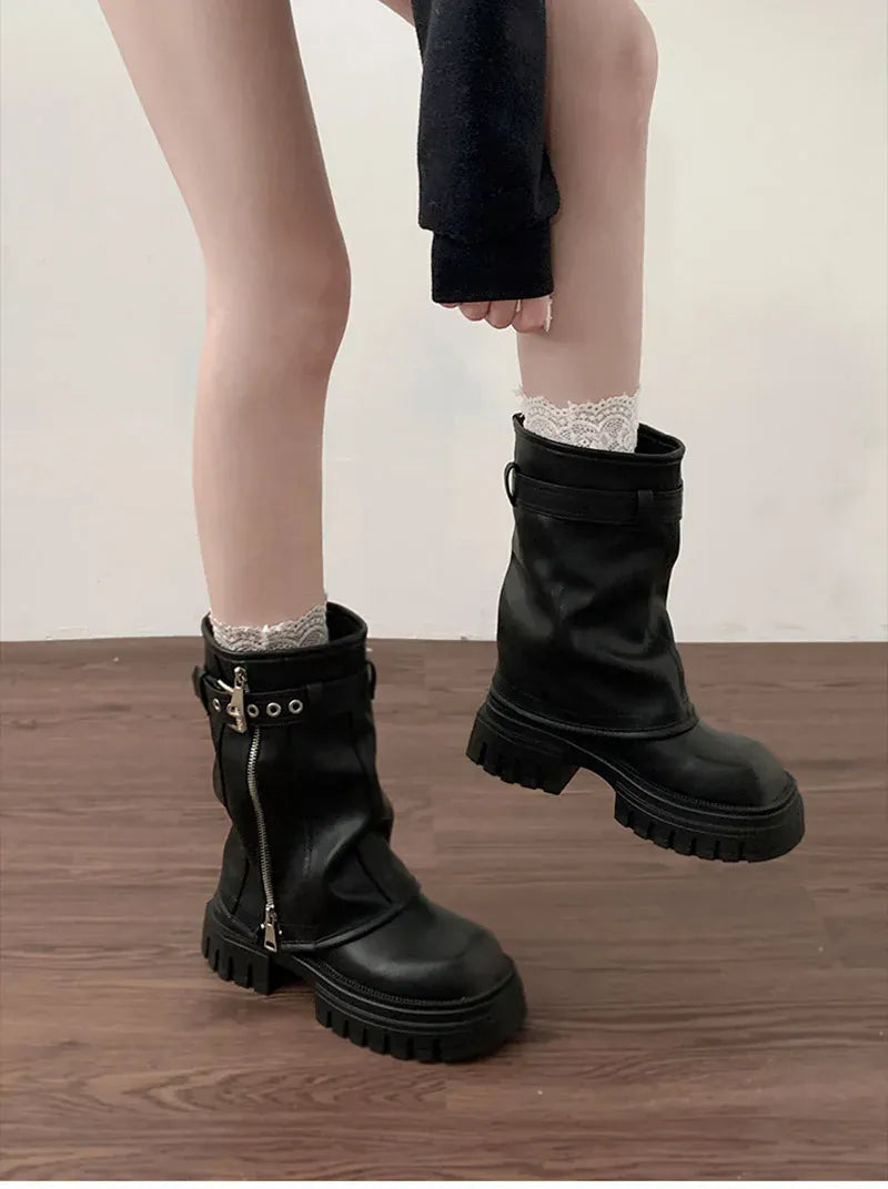 KissICON Winter Women Biker Boots Fashion Belt Buckle Ladies