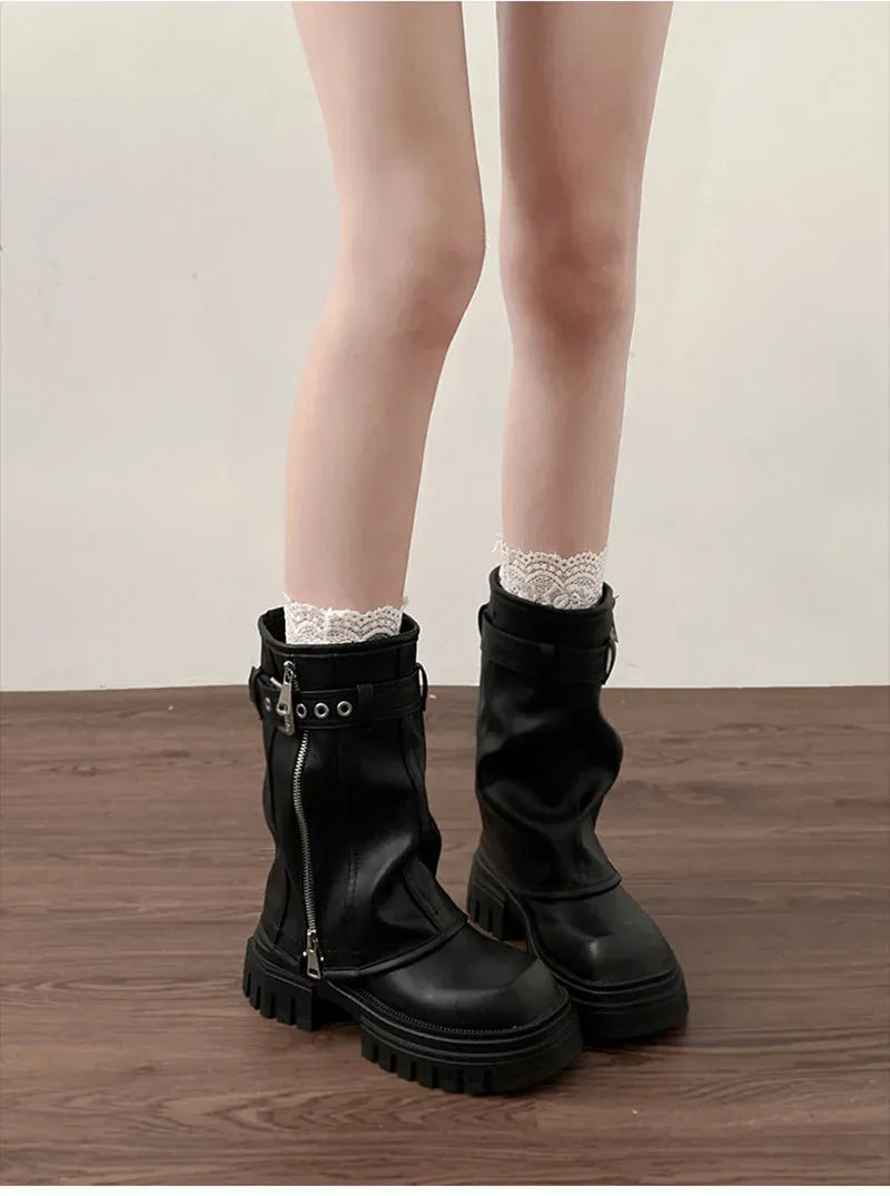 KissICON Winter Women Biker Boots Fashion Belt Buckle Ladies